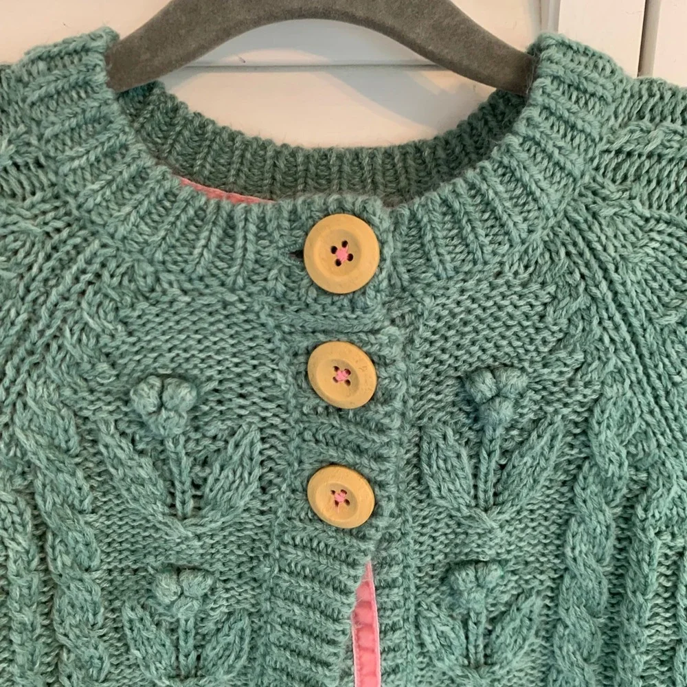 Mini Boden Kids Cardigan Sweater Chunky Green Cable Knit Floral Bobble Girl 3-4Y